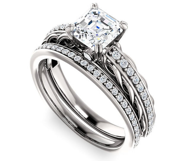 1.30ct (6.5mm) Asscher  14K White Gold Accented Entwining Engagement Ring with Side Gems