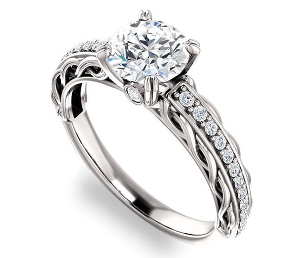 1.00ct (6.5mm) Round  14K White Gold Accented Entwining Engagement Ring with Side Gems