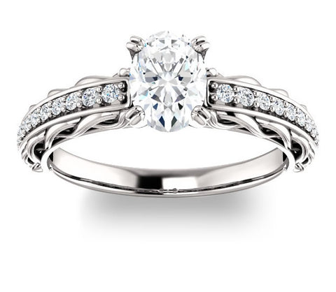 0.90ct (7.0x5.0mm) Oval  14K White Gold Accented Entwining Engagement Ring with Side Gems