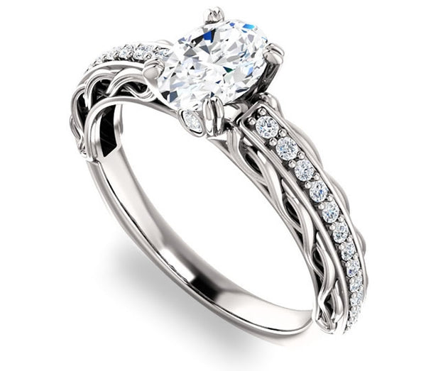 0.90ct (7.0x5.0mm) Oval  14K White Gold Accented Entwining Engagement Ring with Side Gems