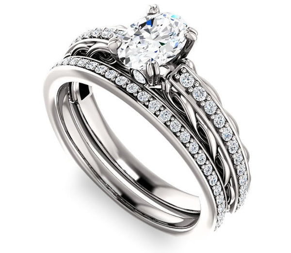 0.90ct (7.0x5.0mm) Oval  14K White Gold Accented Entwining Engagement Ring with Side Gems