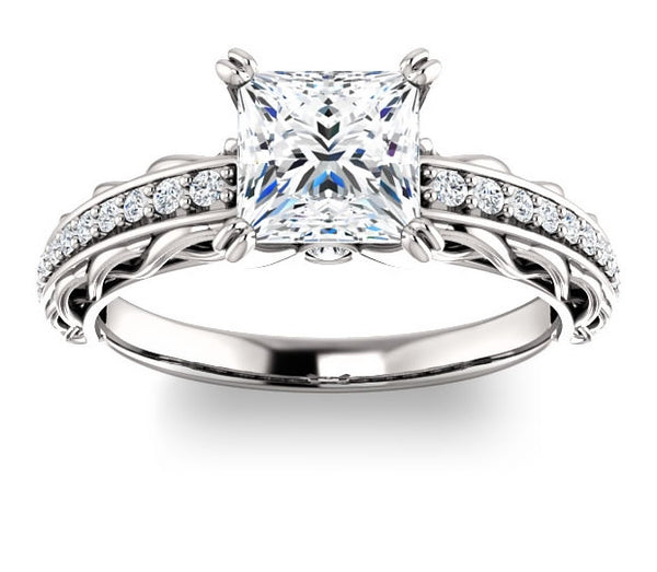 1.30ct (6.0mm) Princess  14K White Gold Accented Entwining Engagement Ring with Side Gems