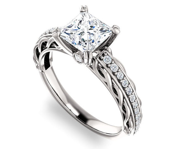 1.30ct (6.0mm) Princess  14K White Gold Accented Entwining Engagement Ring with Side Gems