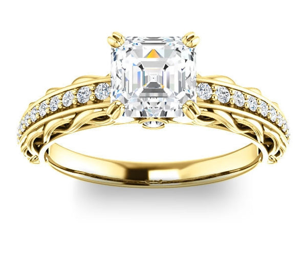 1.30ct (6.5mm) Asscher  14K Yellow Gold Accented Entwining Engagement Ring with Side Gems