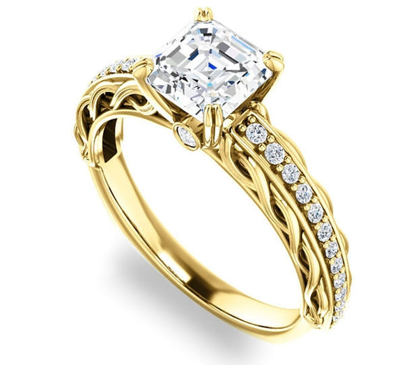 1.30ct (6.5mm) Asscher  14K Yellow Gold Accented Entwining Engagement Ring with Side Gems