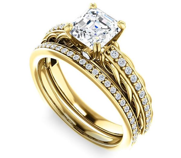 1.30ct (6.5mm) Asscher  14K Yellow Gold Accented Entwining Engagement Ring with Side Gems