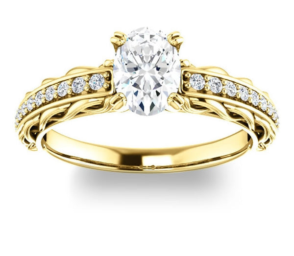 0.90ct (7.0x5.0mm) Oval  14K Yellow Gold Accented Entwining Engagement Ring with Side Gems