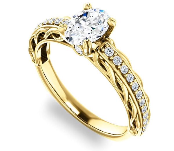 0.90ct (7.0x5.0mm) Oval  14K Yellow Gold Accented Entwining Engagement Ring with Side Gems