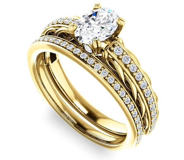 0.90ct (7.0x5.0mm) Oval  14K Yellow Gold Accented Entwining Engagement Ring with Side Gems