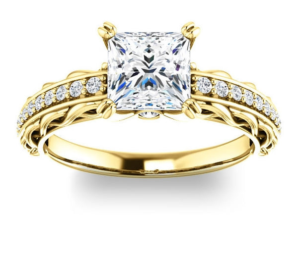 1.30ct (6.0mm) Princess  14K Yellow Gold Accented Entwining Engagement Ring with Side Gems