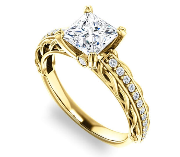 1.30ct (6.0mm) Princess  14K Yellow Gold Accented Entwining Engagement Ring with Side Gems