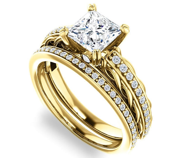 1.30ct (6.0mm) Princess  14K Yellow Gold Accented Entwining Engagement Ring with Side Gems