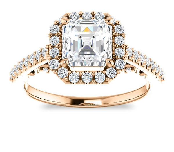 1.30ct (6.5mm) Asscher  14K Rose Gold Halo Engagement Ring With Moissanite Accented Scrollwork