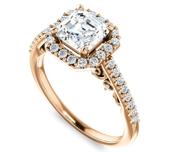 1.30ct (6.5mm) Asscher  14K Rose Gold Halo Engagement Ring With Moissanite Accented Scrollwork