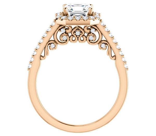 1.30ct (6.5mm) Asscher  14K Rose Gold Halo Engagement Ring With Moissanite Accented Scrollwork