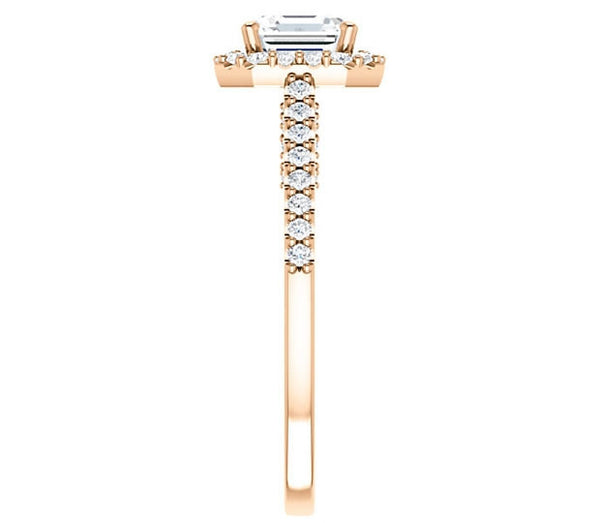 1.30ct (6.5mm) Asscher  14K Rose Gold Halo Engagement Ring With Moissanite Accented Scrollwork