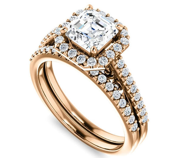 1.30ct (6.5mm) Asscher  14K Rose Gold Halo Engagement Ring With Moissanite Accented Scrollwork