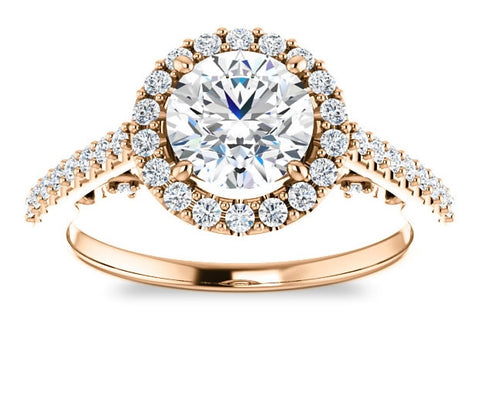 1.00ct (6.5mm) Round  14K Rose Gold Halo Engagement Ring With Moissanite Accented Scrollwork