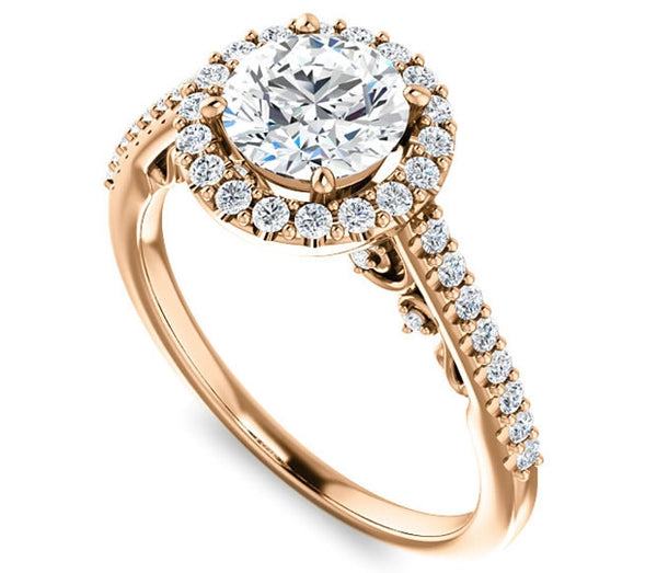 1.00ct (6.5mm) Round  14K Rose Gold Halo Engagement Ring With Moissanite Accented Scrollwork