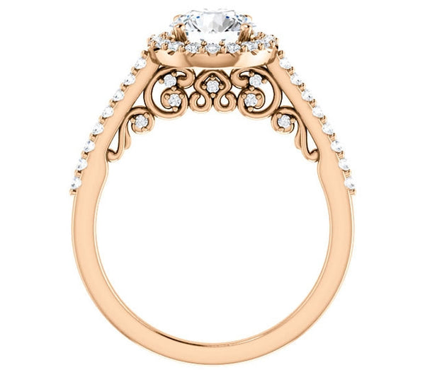 1.00ct (6.5mm) Round  14K Rose Gold Halo Engagement Ring With Moissanite Accented Scrollwork