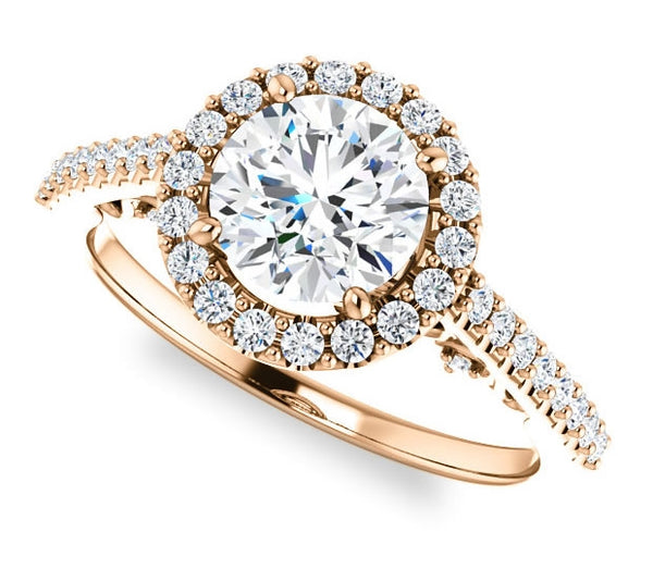 1.00ct (6.5mm) Round  14K Rose Gold Halo Engagement Ring With Moissanite Accented Scrollwork