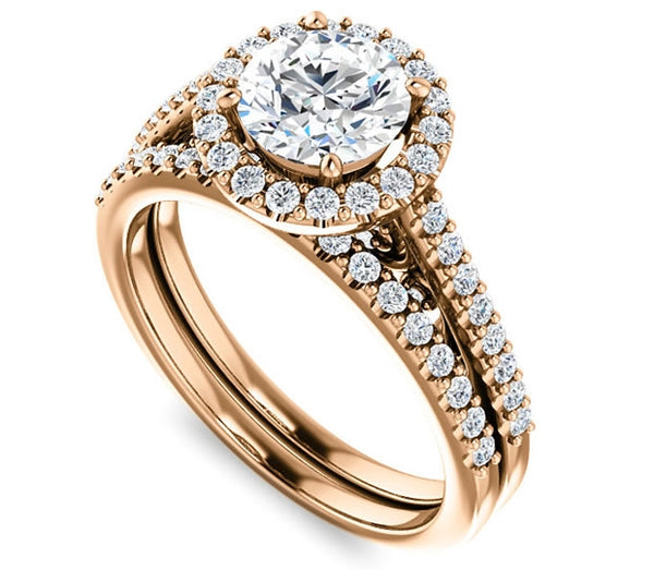 1.00ct (6.5mm) Round  14K Rose Gold Halo Engagement Ring With Moissanite Accented Scrollwork