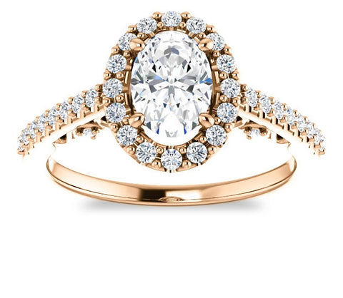 0.90ct (7.0x5.0mm) Oval  14K Rose Gold Halo Engagement Ring With Moissanite Accented Scrollwork