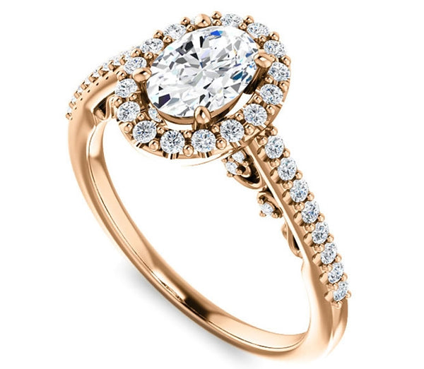 0.90ct (7.0x5.0mm) Oval  14K Rose Gold Halo Engagement Ring With Moissanite Accented Scrollwork