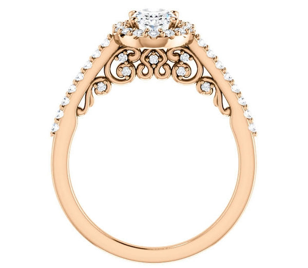 0.90ct (7.0x5.0mm) Oval  14K Rose Gold Halo Engagement Ring With Moissanite Accented Scrollwork