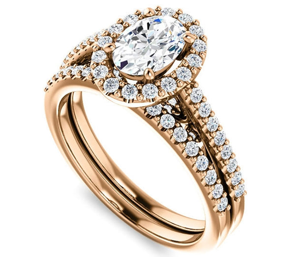 0.90ct (7.0x5.0mm) Oval  14K Rose Gold Halo Engagement Ring With Moissanite Accented Scrollwork