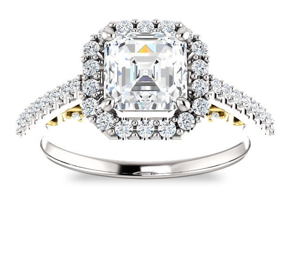 1.30ct (6.5mm) Asscher  14K White Gold Halo Engagement Ring With Moissanite Accented Scrollwork