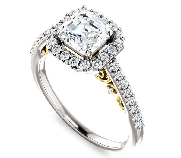 1.30ct (6.5mm) Asscher  14K White Gold Halo Engagement Ring With Moissanite Accented Scrollwork