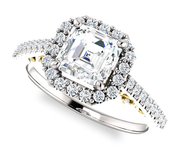 1.30ct (6.5mm) Asscher  14K White Gold Halo Engagement Ring With Moissanite Accented Scrollwork