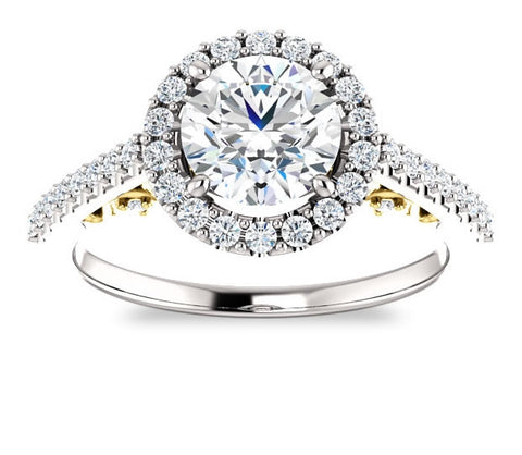 1.00ct (6.5mm) Round  14K White Gold Halo Engagement Ring With Moissanite Accented Scrollwork