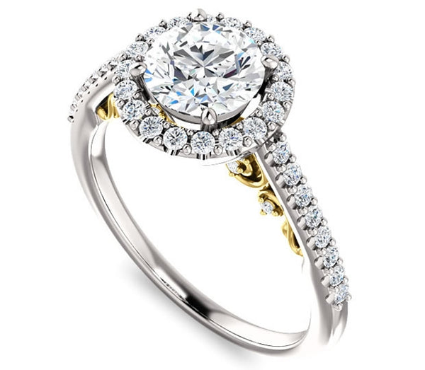 1.00ct (6.5mm) Round  14K White Gold Halo Engagement Ring With Moissanite Accented Scrollwork