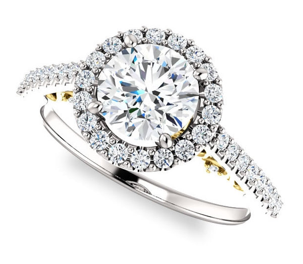 1.00ct (6.5mm) Round  14K White Gold Halo Engagement Ring With Moissanite Accented Scrollwork