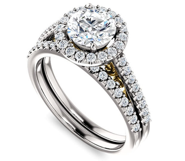 1.00ct (6.5mm) Round  14K White Gold Halo Engagement Ring With Moissanite Accented Scrollwork