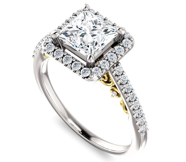 1.30ct (6.0mm) Princess  14K White Gold Halo Engagement Ring With Moissanite Accented Scrollwork