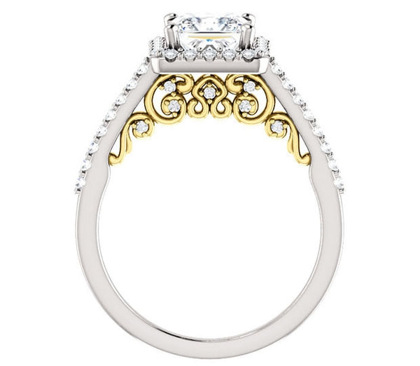 1.30ct (6.0mm) Princess  14K White Gold Halo Engagement Ring With Moissanite Accented Scrollwork