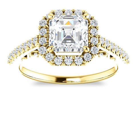 1.30ct (6.5mm) Asscher  14K Yellow Gold Halo Engagement Ring With Moissanite Accented Scrollwork