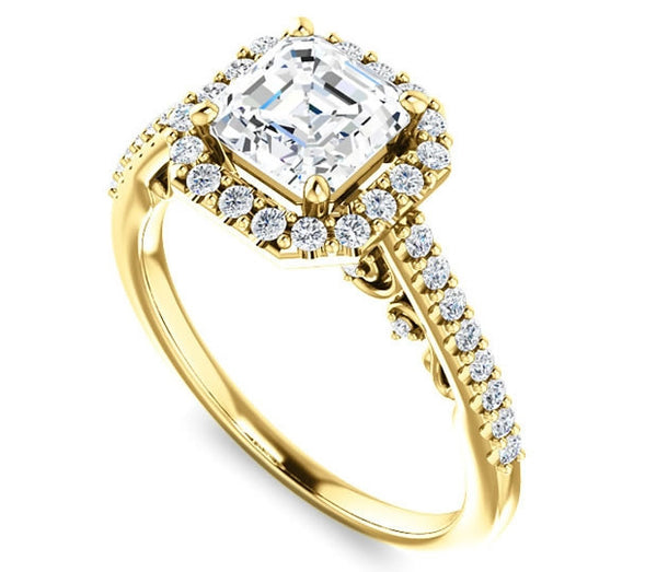 1.30ct (6.5mm) Asscher  14K Yellow Gold Halo Engagement Ring With Moissanite Accented Scrollwork