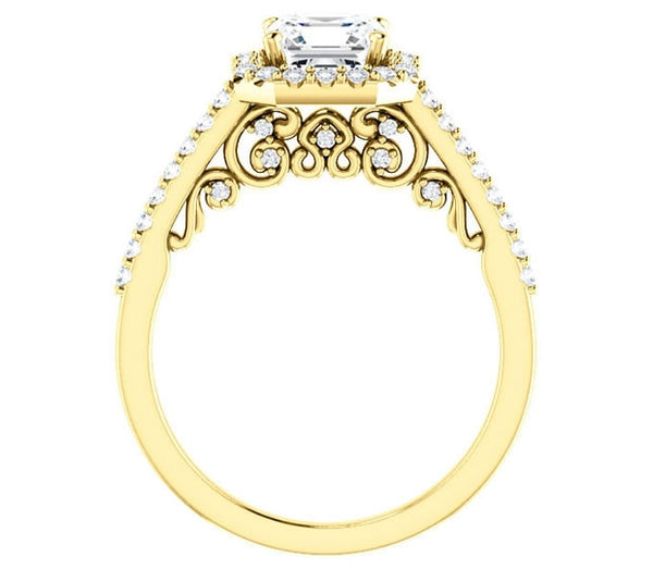 1.30ct (6.5mm) Asscher  14K Yellow Gold Halo Engagement Ring With Moissanite Accented Scrollwork