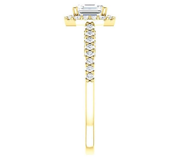 1.30ct (6.5mm) Asscher  14K Yellow Gold Halo Engagement Ring With Moissanite Accented Scrollwork