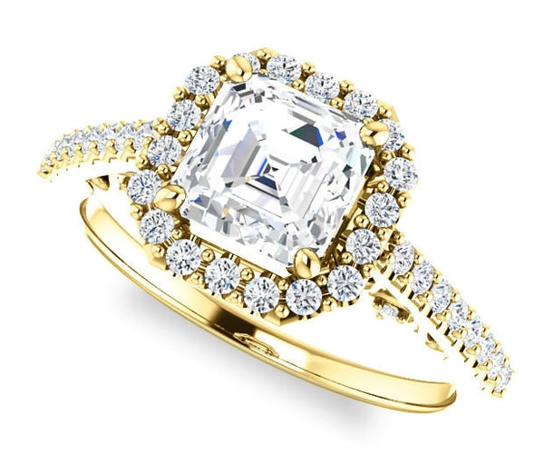 1.30ct (6.5mm) Asscher  14K Yellow Gold Halo Engagement Ring With Moissanite Accented Scrollwork