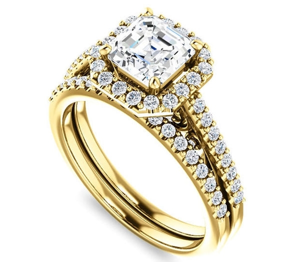 1.30ct (6.5mm) Asscher  14K Yellow Gold Halo Engagement Ring With Moissanite Accented Scrollwork