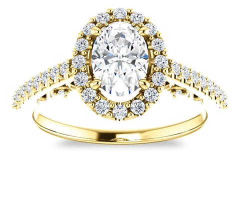 0.90ct (7.0x5.0mm) Oval  14K Yellow Gold Halo Engagement Ring With Moissanite Accented Scrollwork