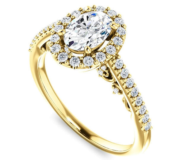 0.90ct (7.0x5.0mm) Oval  14K Yellow Gold Halo Engagement Ring With Moissanite Accented Scrollwork