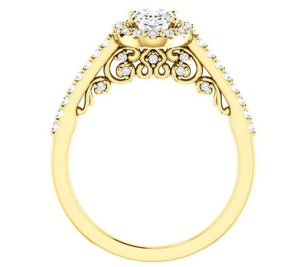 0.90ct (7.0x5.0mm) Oval  14K Yellow Gold Halo Engagement Ring With Moissanite Accented Scrollwork