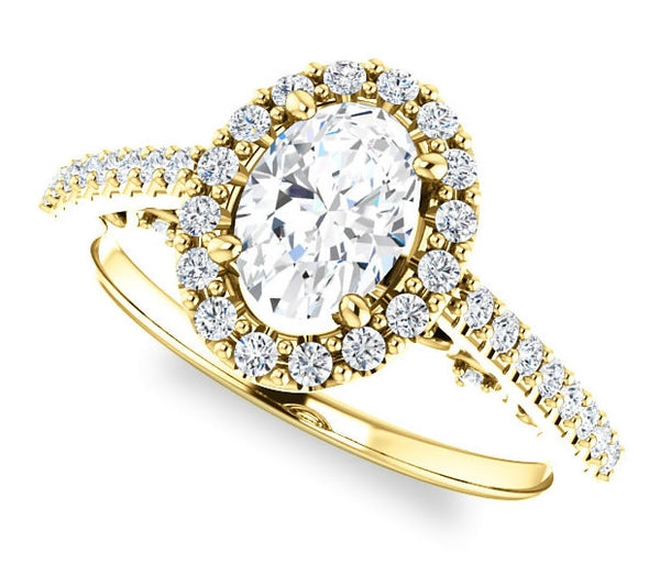 0.90ct (7.0x5.0mm) Oval  14K Yellow Gold Halo Engagement Ring With Moissanite Accented Scrollwork