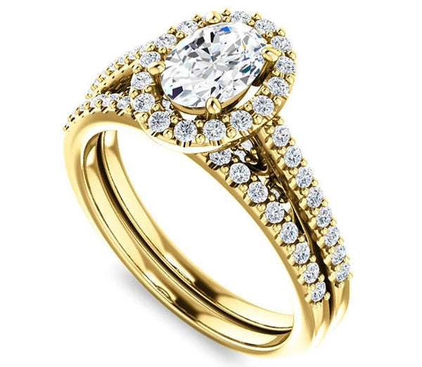 0.90ct (7.0x5.0mm) Oval  14K Yellow Gold Halo Engagement Ring With Moissanite Accented Scrollwork